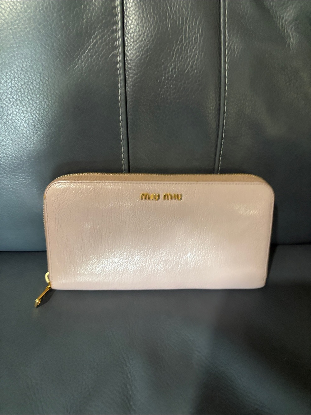 Miu Miu Pale Pink Patent Zip Wallet with Gold Logo